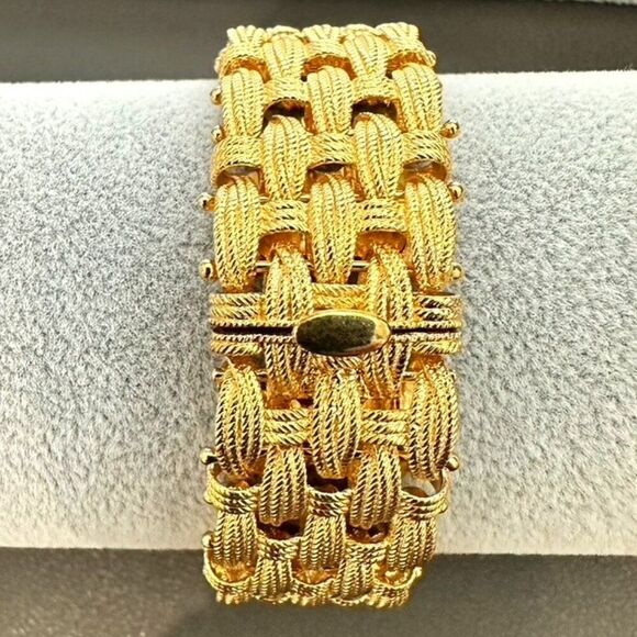 925 Sterling Silver Gold Plated Vintage Italy Rattan Link Bracelet 8" - Picture 3 of 8